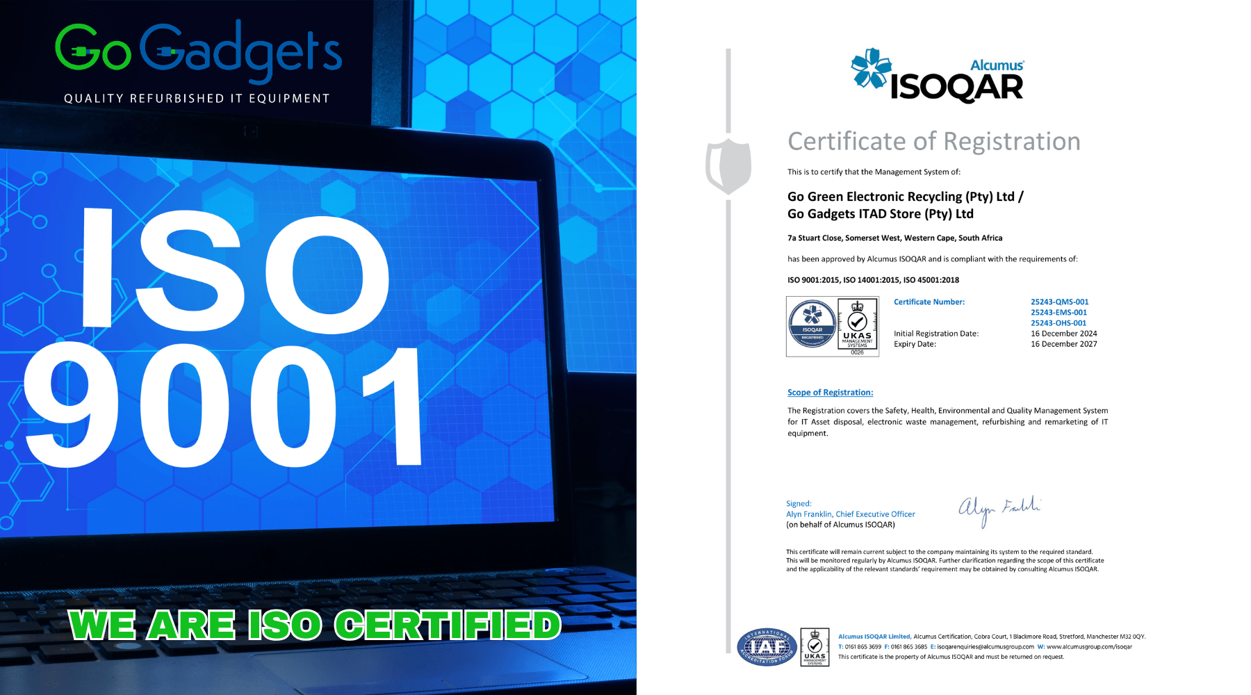 WE ARE ISO CERTIFIED:  GUARANTEED QUALITY AND SAFETY!!! - Go Gadgets SA