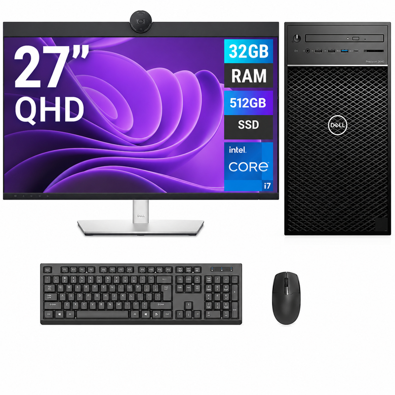 REFURBISHED - DELL PRECISION 3640 TOWER - I7 10TH GEN - 32GB DDR4 - 512GB SSD - NVIDIA QUADRO P620 - DELL P2724DEB - 27INCH - COMPUTER SET - AUTOCAD WORKSTATION