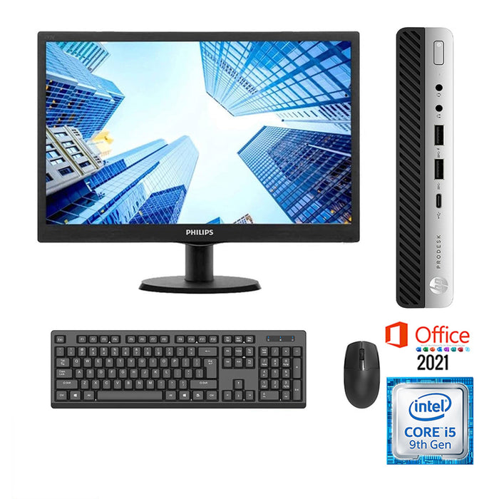 REFURBISHED - HP PRODESK 600 G5 MINI PC - I5 9500T - 8GB DDR4 - 256GB M.2 SSD - MS OFFICE 2021 - 20 INCH - PHILIPS - LED - COMPUTER SET - B-GRADE