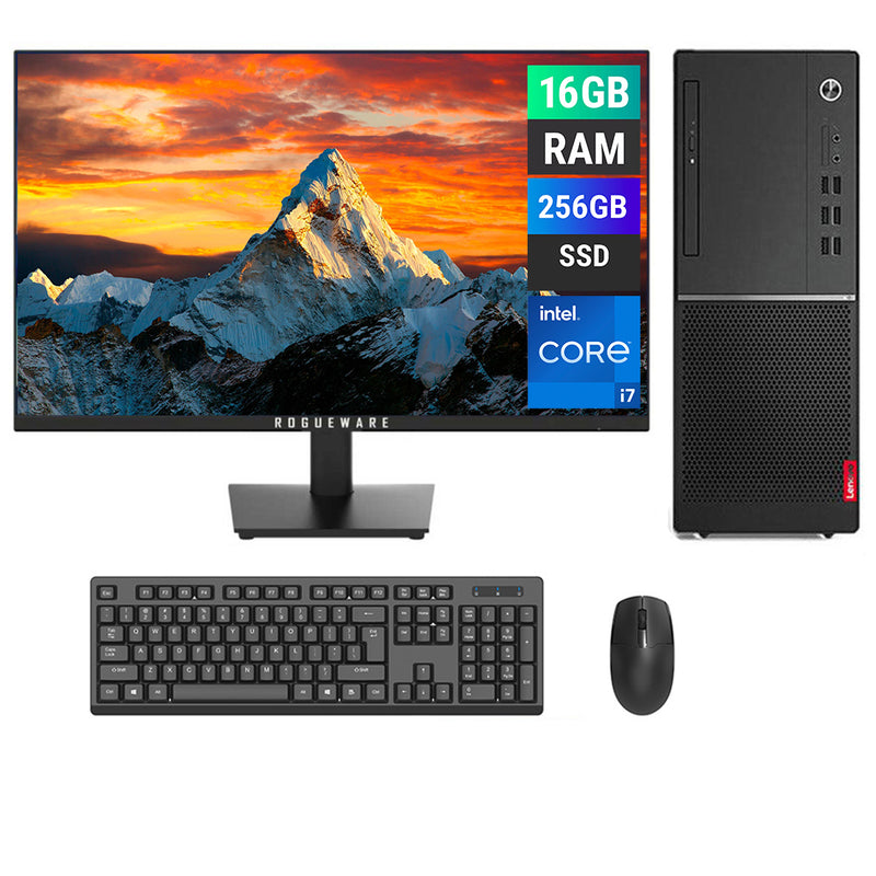 REFURBISHED - LENOVO V520 DESKTOP TOWER  - I7 8TH GEN - 16GB DDR4 - 256GB SSD - ROGUEWARE RW-W2413S - 24INCH - COMPUTER SET