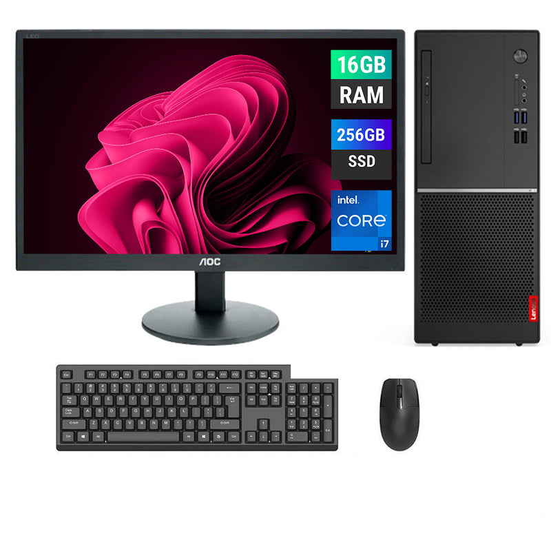 REFURBISHED - LENOVO V530 DESKTOP TOWER - I7 7TH GEN - 16GB DDR4 - 256GB SSD - 19INCH - AOC - LED - COMPUTER SET